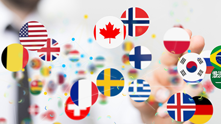 3d rendering of a World map with all states and their flags in hand with a white background