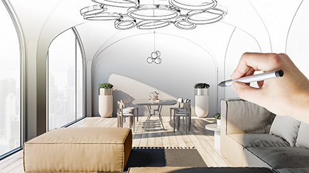 Modern hand drawn sketch of cozy wooden floor and concrete living room interior with couch, window with city view, decortaive lamp and dining table. Design concept.